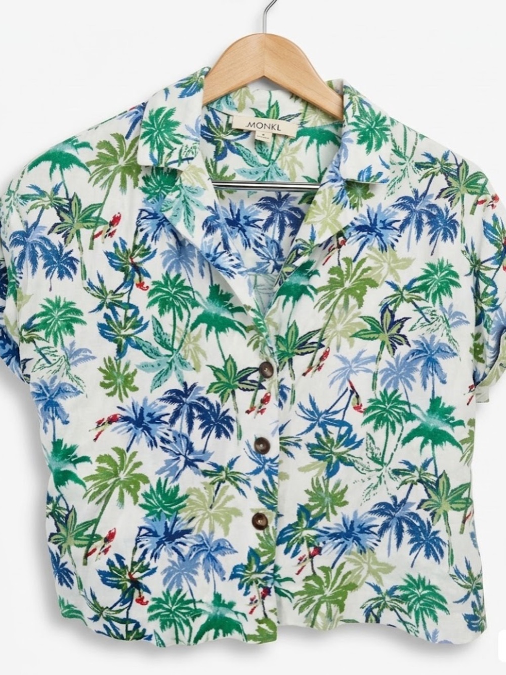 Monteau Los Angeles Women’s S Linen Rayon Tropical Palm Print Button Shirt